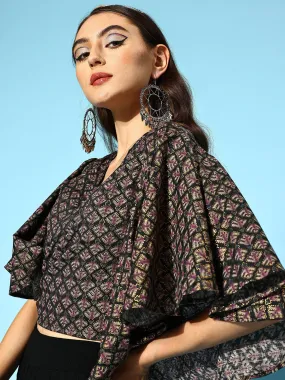 Black Foil Print Bell Sleeves Top