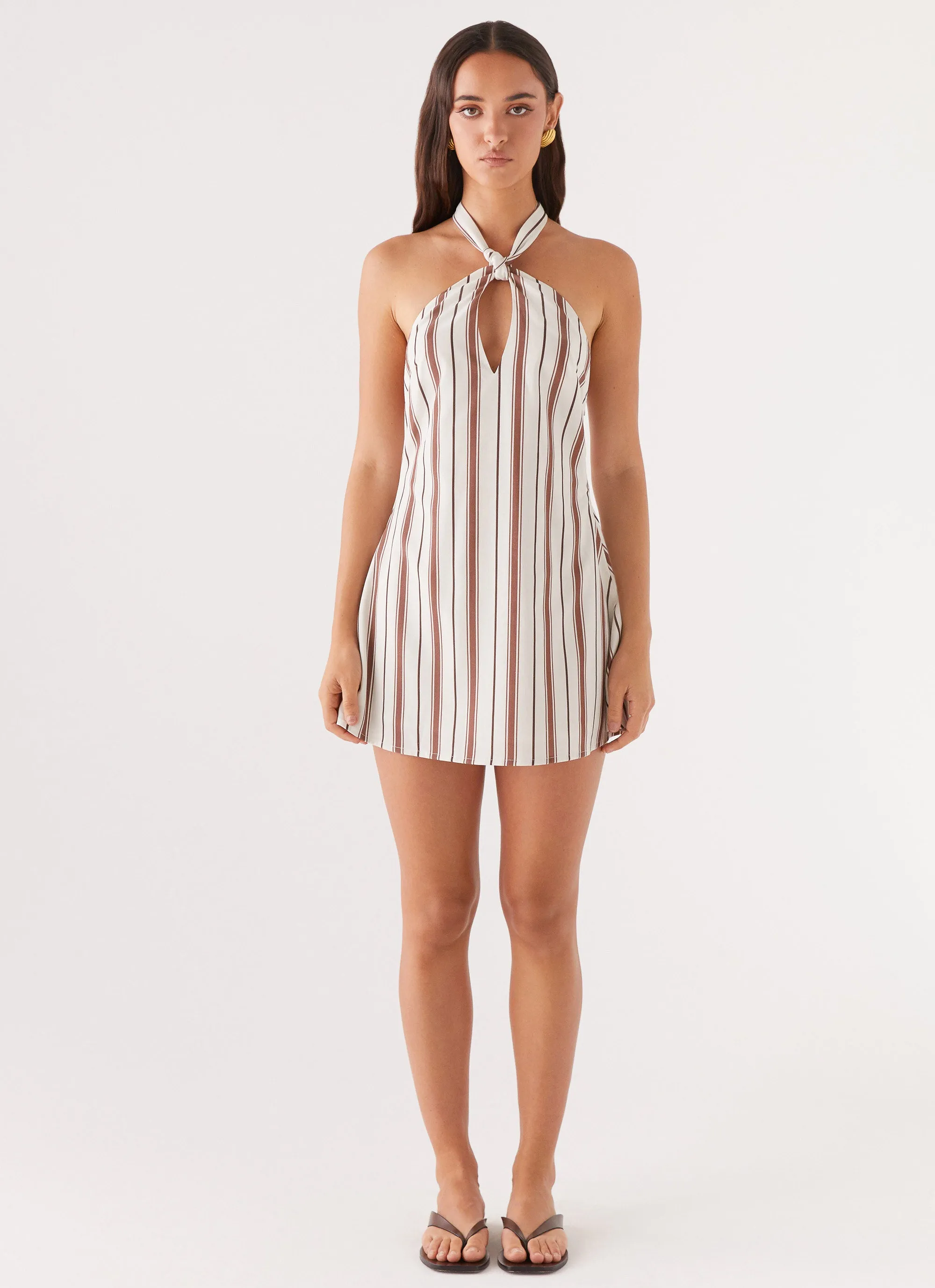 Counting Stars Linen Halterneck Dress - Brown Stripe