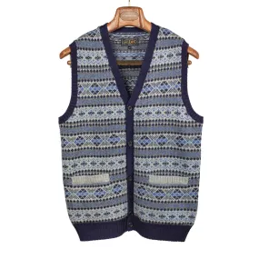 Fair Isle sweater vest in grey and blue wool and cotton jacquard