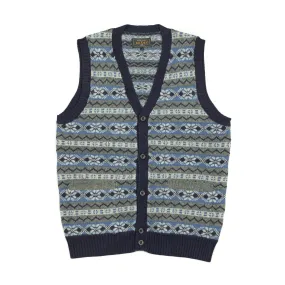 Fair Isle sweater vest in grey, powder blue and indigo wool and cotton jacquard