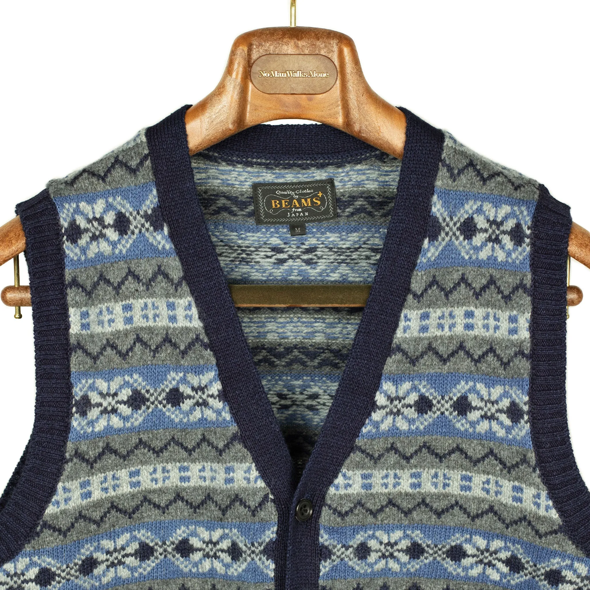 Fair Isle sweater vest in grey, powder blue and indigo wool and cotton jacquard