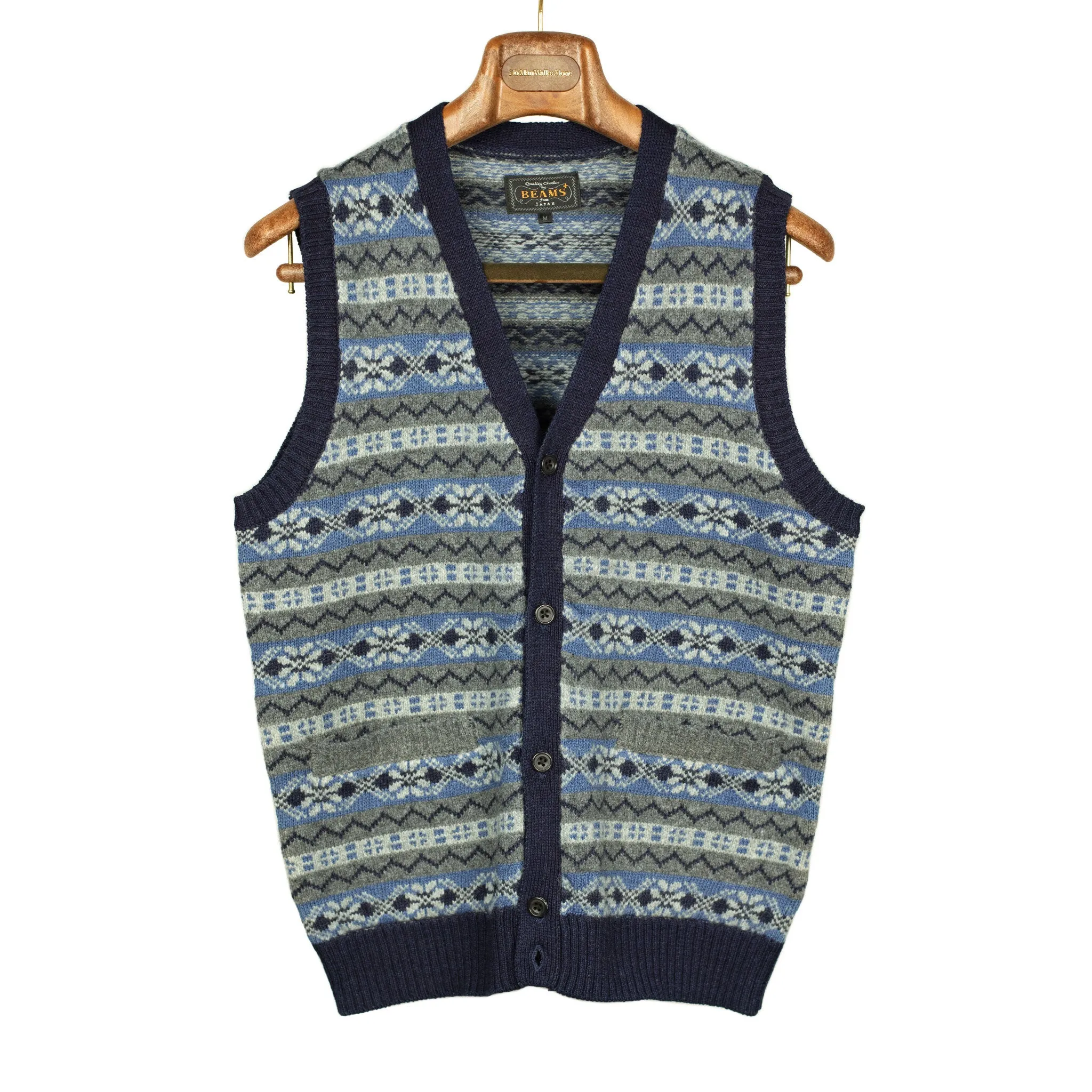 Fair Isle sweater vest in grey, powder blue and indigo wool and cotton jacquard