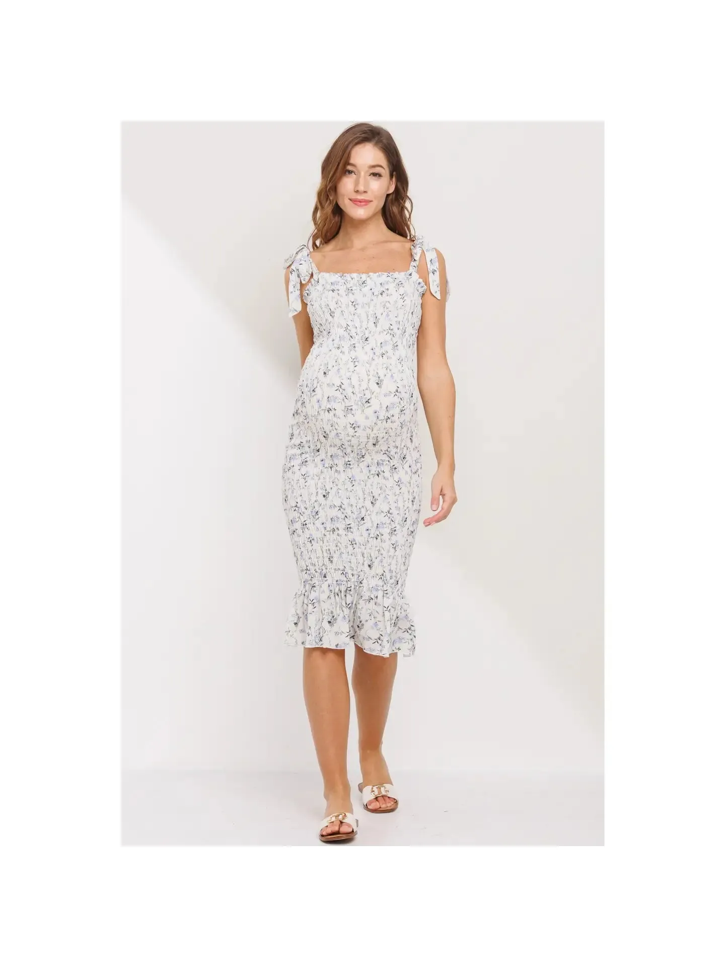 Floral Smocked Tie-Shoulder Maternity Midi Dress