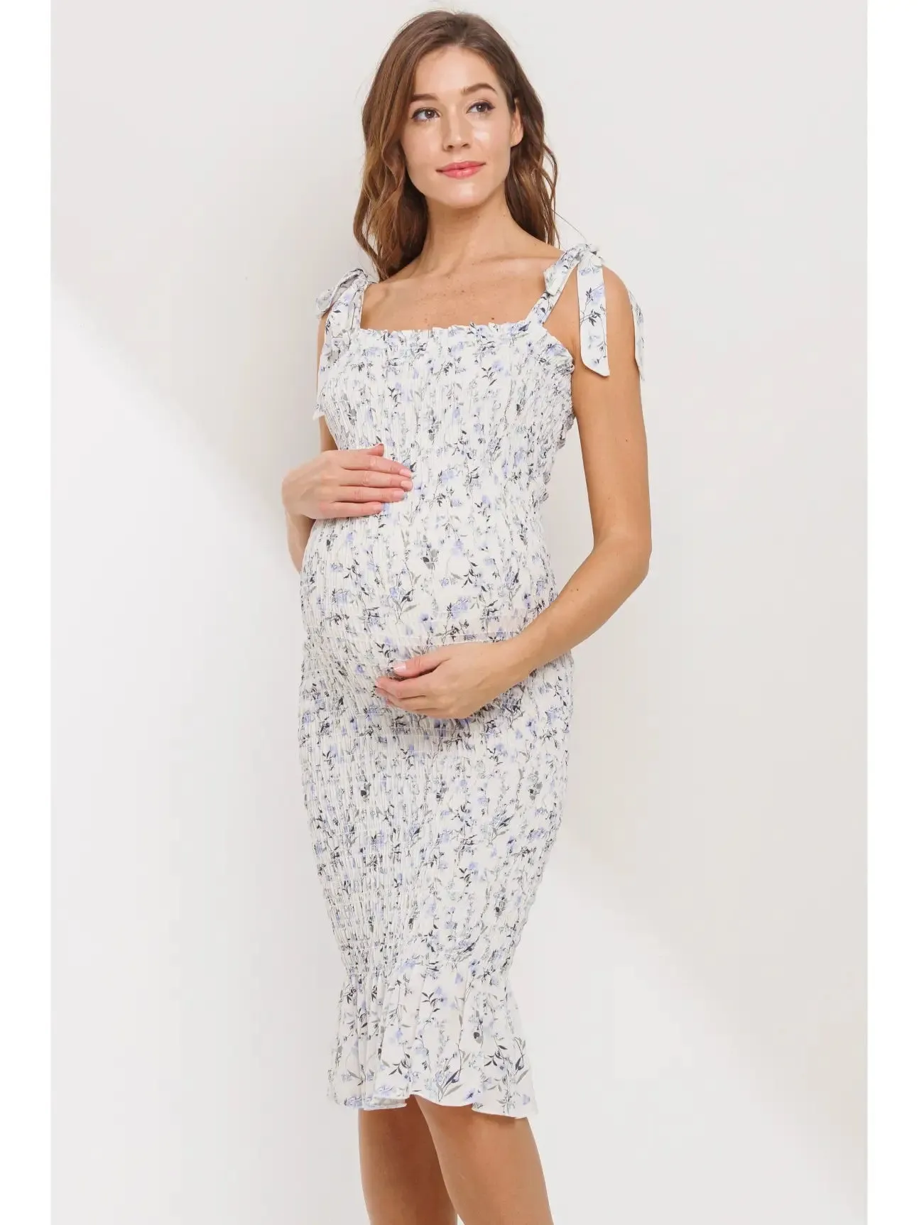 Floral Smocked Tie-Shoulder Maternity Midi Dress