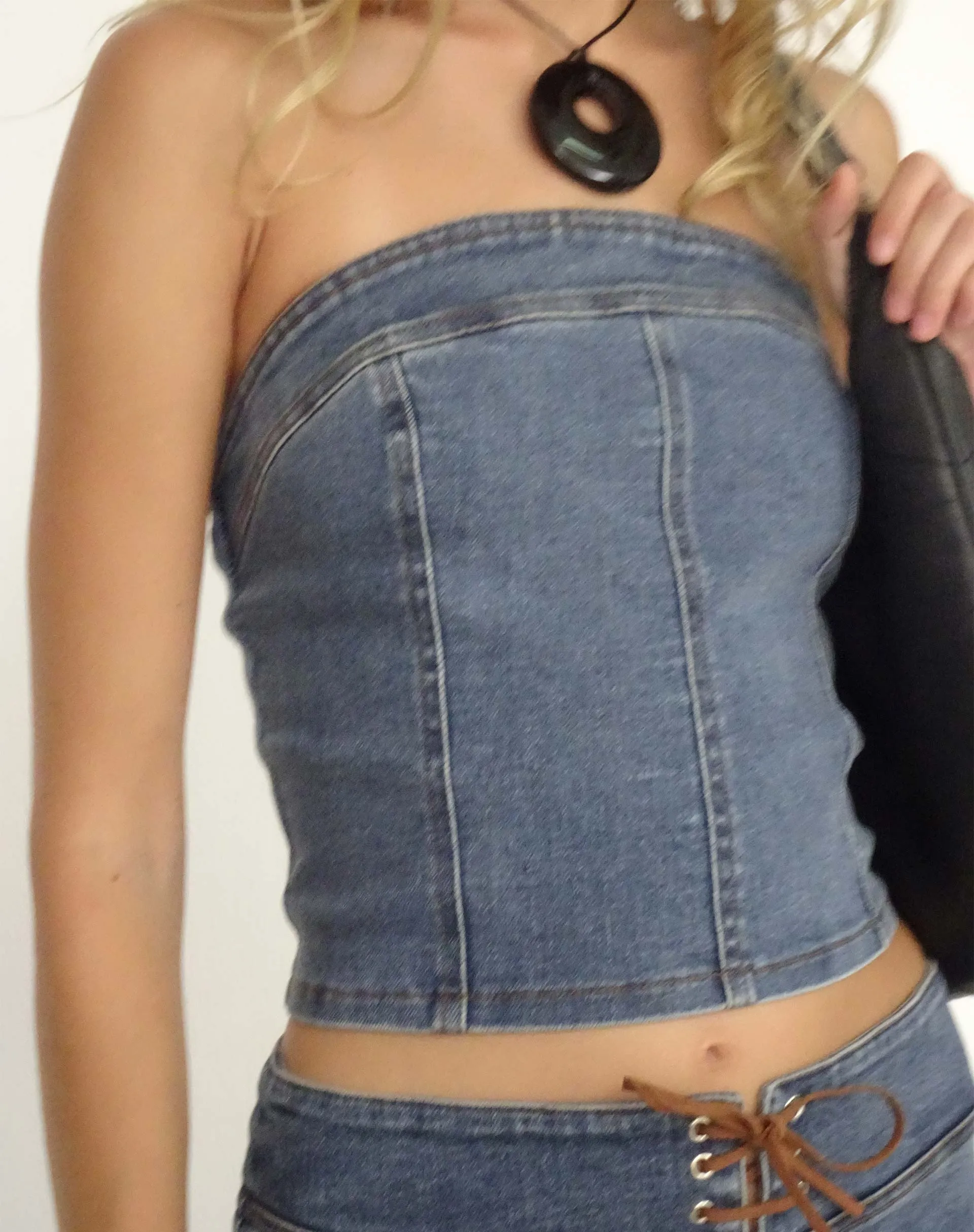 Kaiha Denim Bandeau Corset Top in Blue Wash