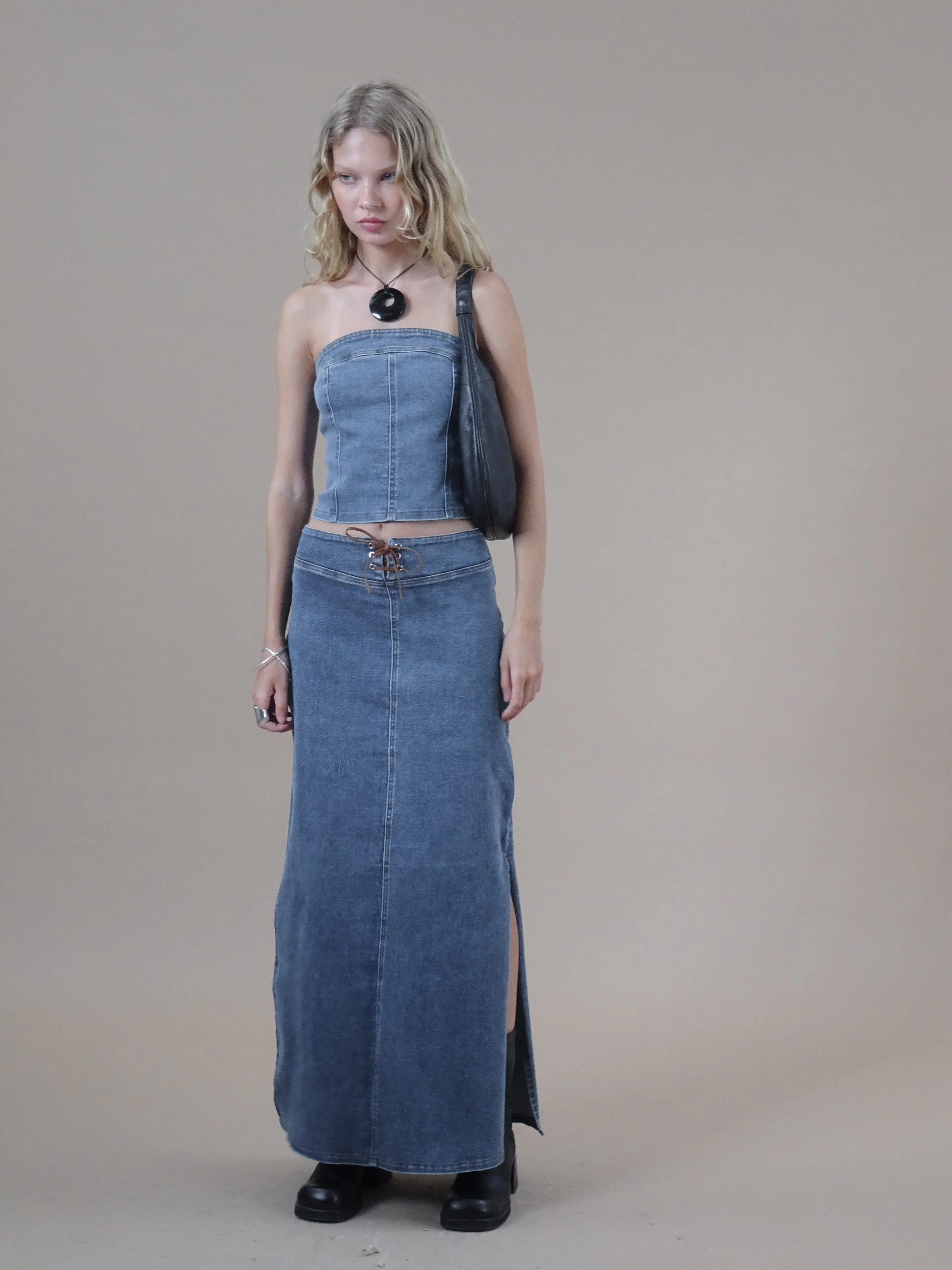 Kaiha Denim Bandeau Corset Top in Blue Wash