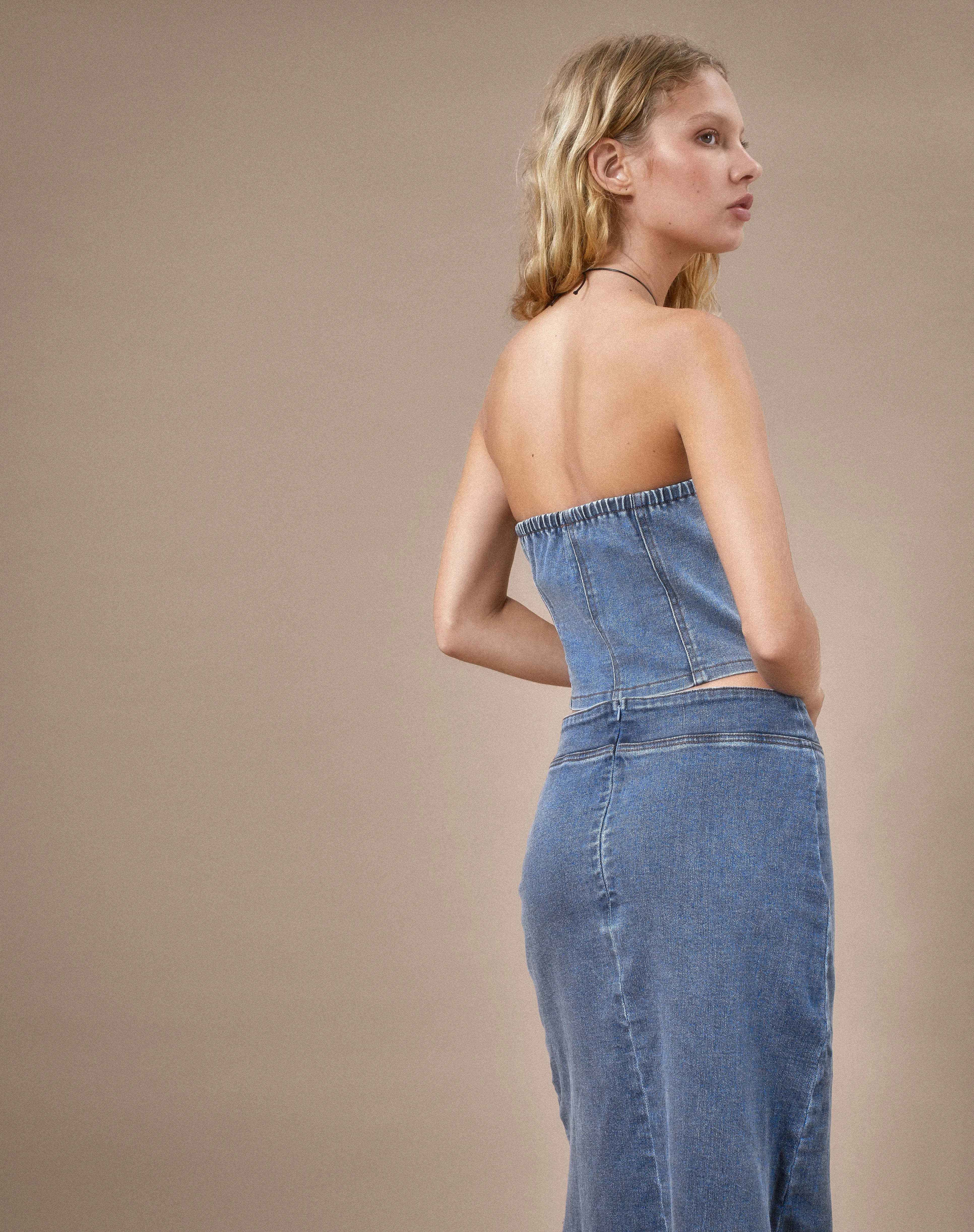 Kaiha Denim Bandeau Corset Top in Blue Wash