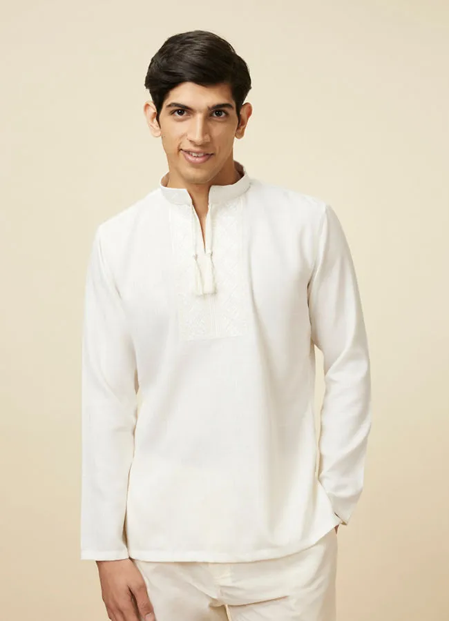 Manyawar Ivory White Embroidered Neckline Short Kurta