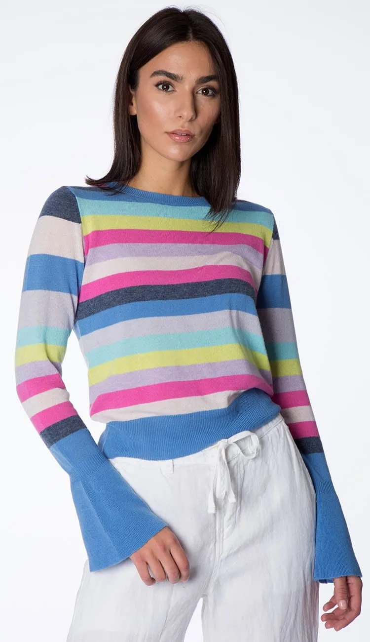 Multi Stripe Cashmere Sweater with Ruffle Bell Sleeve