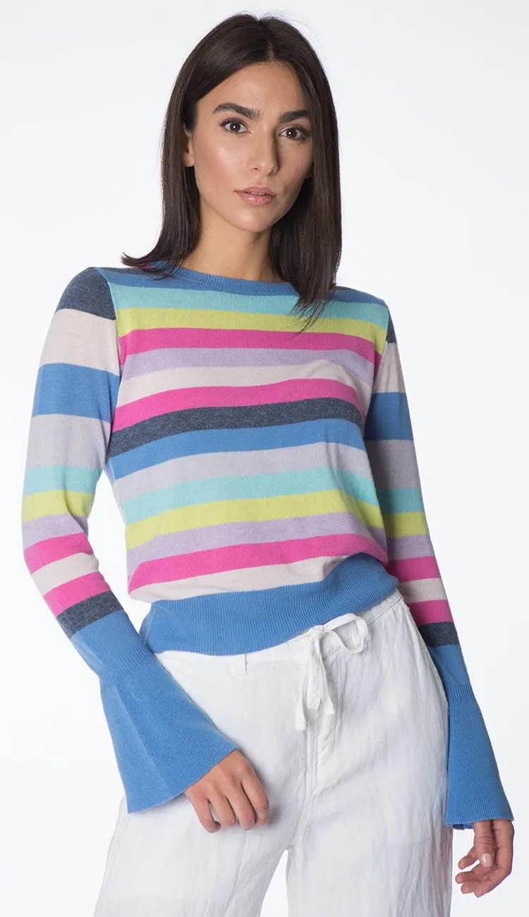 Multi Stripe Cashmere Sweater with Ruffle Bell Sleeve