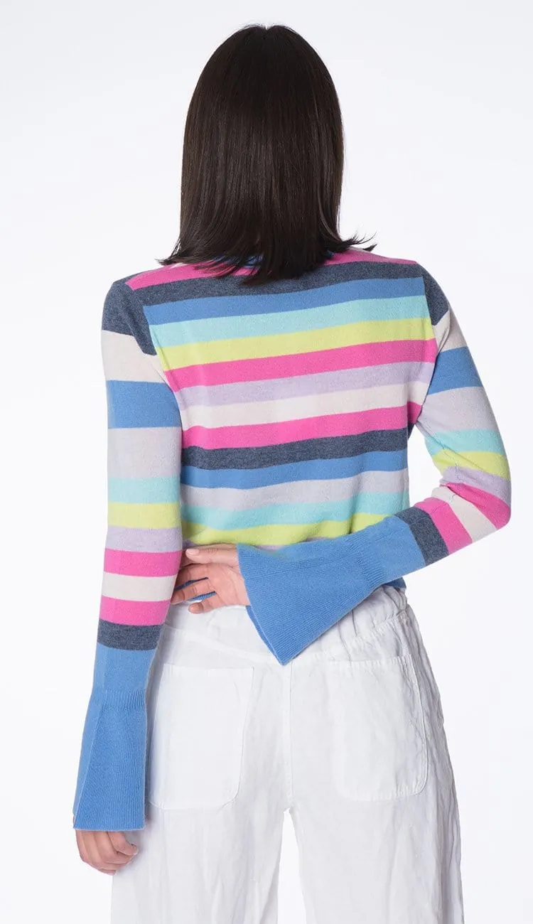 Multi Stripe Cashmere Sweater with Ruffle Bell Sleeve