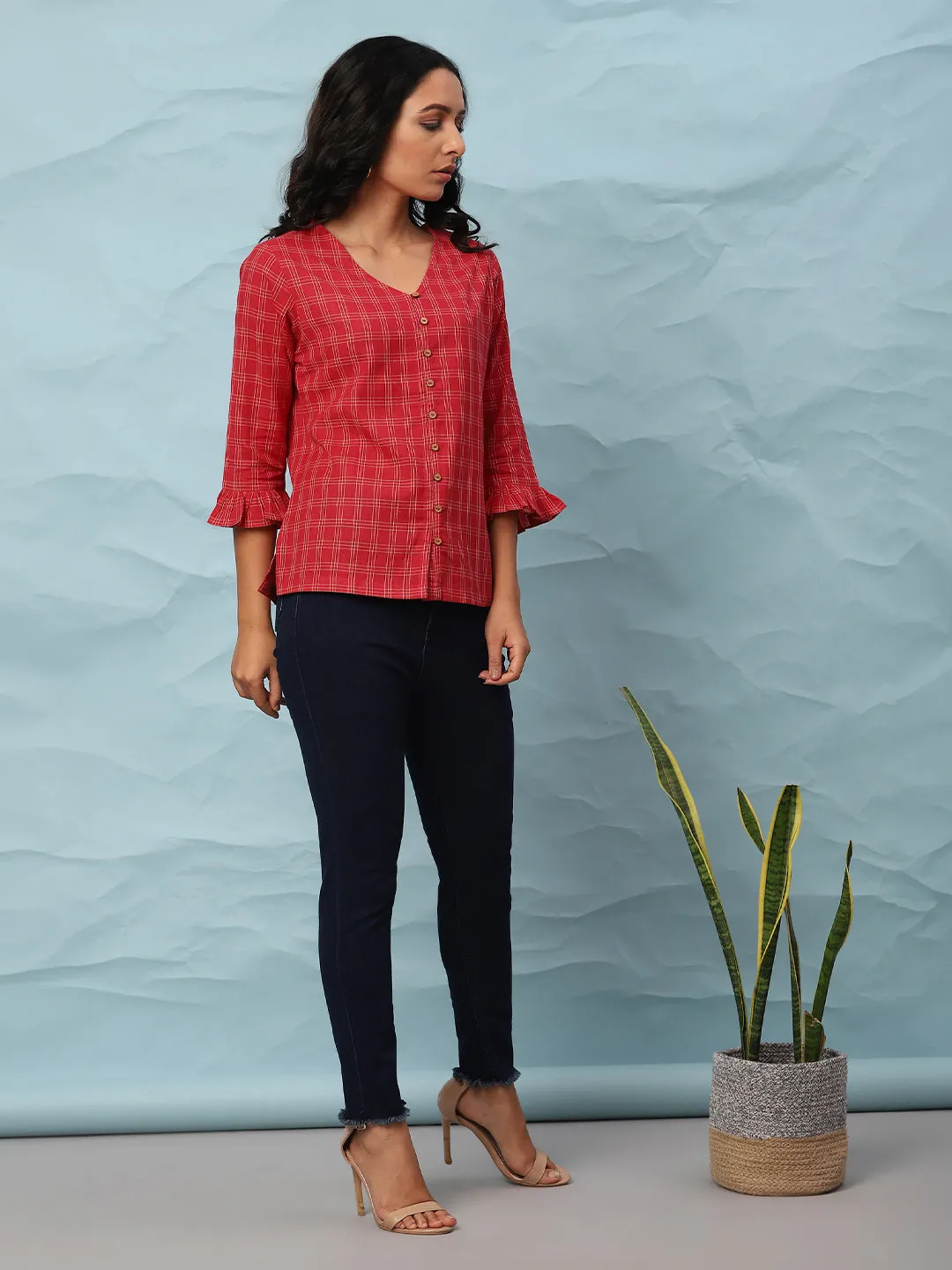 Red Cotton Checkered Top