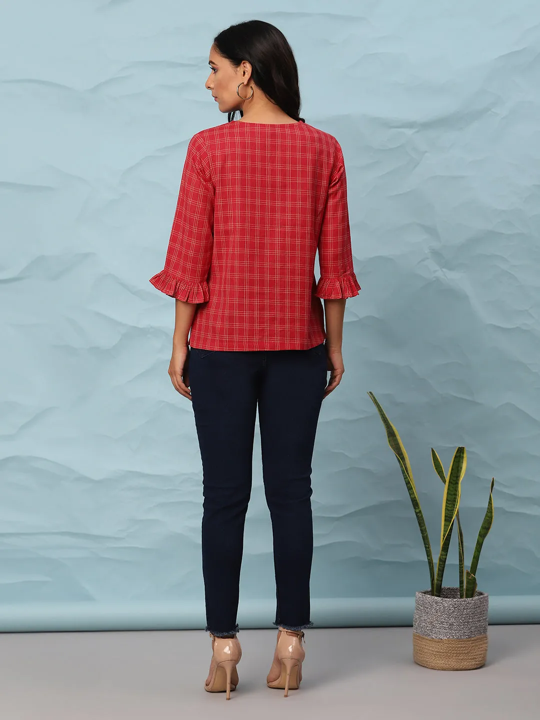 Red Cotton Checkered Top