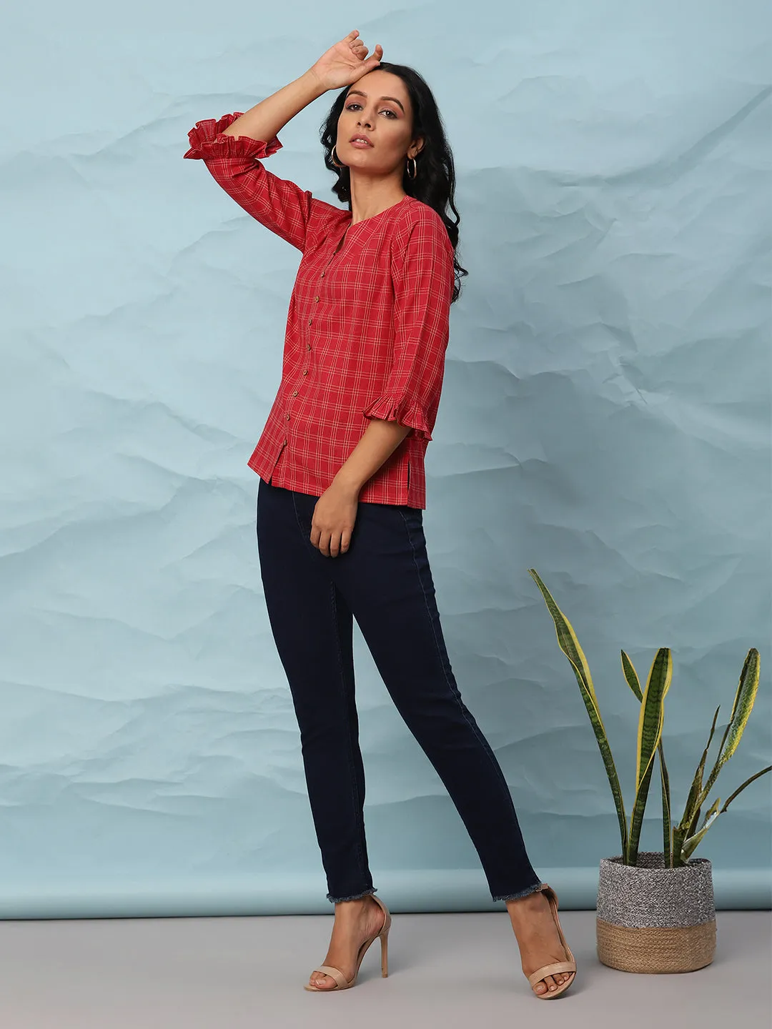 Red Cotton Checkered Top