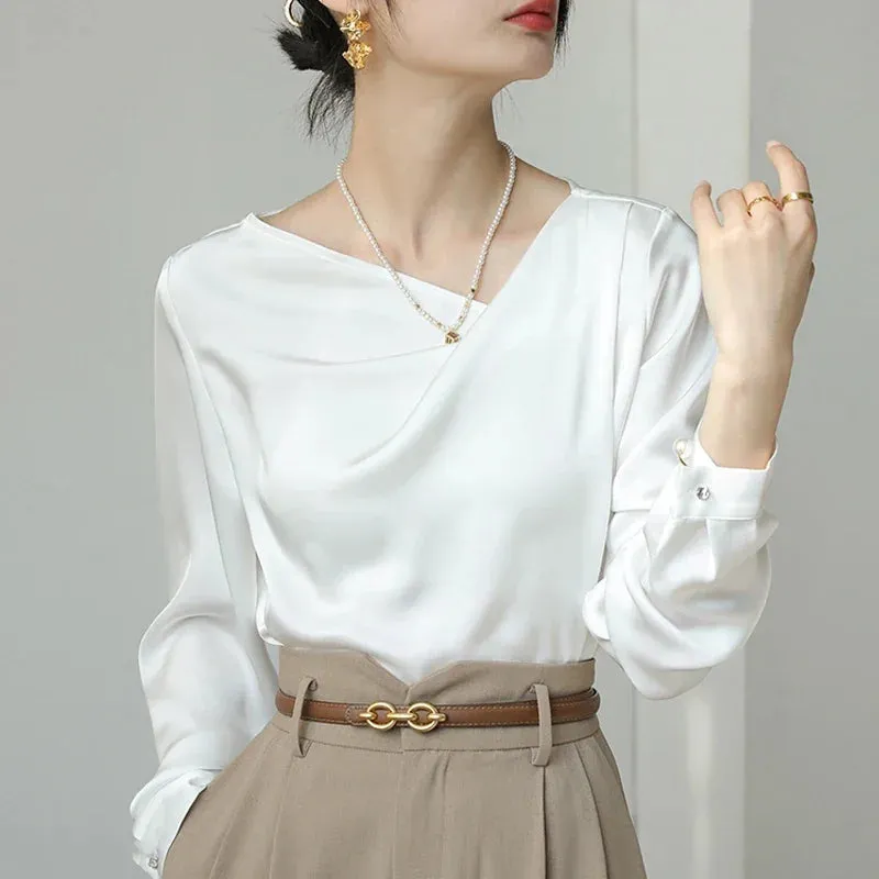 Satin Women's Shirts New Silk Solid Casual Blouses Loose Spring/Summer Ladies Clothing FASHION Long Sleeves White Tops