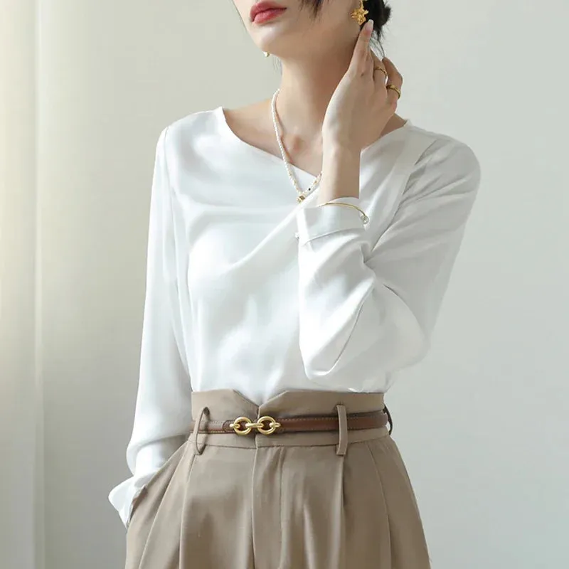 Satin Women's Shirts New Silk Solid Casual Blouses Loose Spring/Summer Ladies Clothing FASHION Long Sleeves White Tops